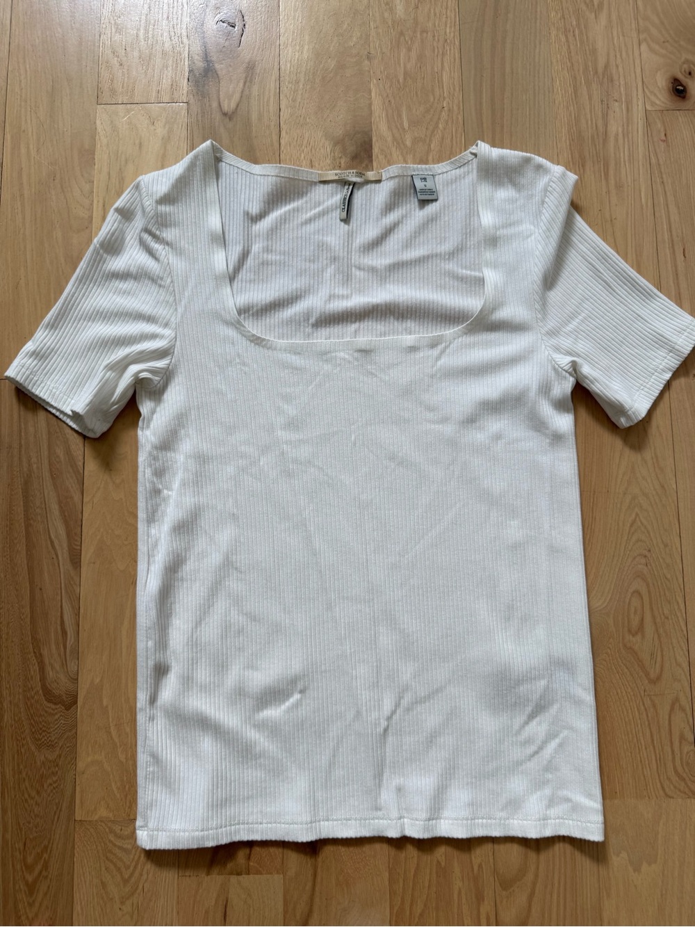 SCOTCH & SODA White Ribbed Square-neck Short Sleeve Stretchy Tee Size S